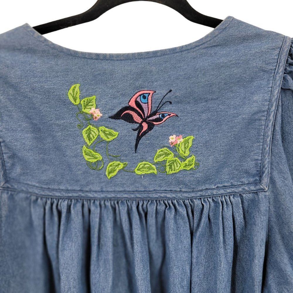 Vintage Denim Midi Dress S Blue Floral Butterfly Embroidered Puff Sleeve Kidcore - Picture 12 of 16